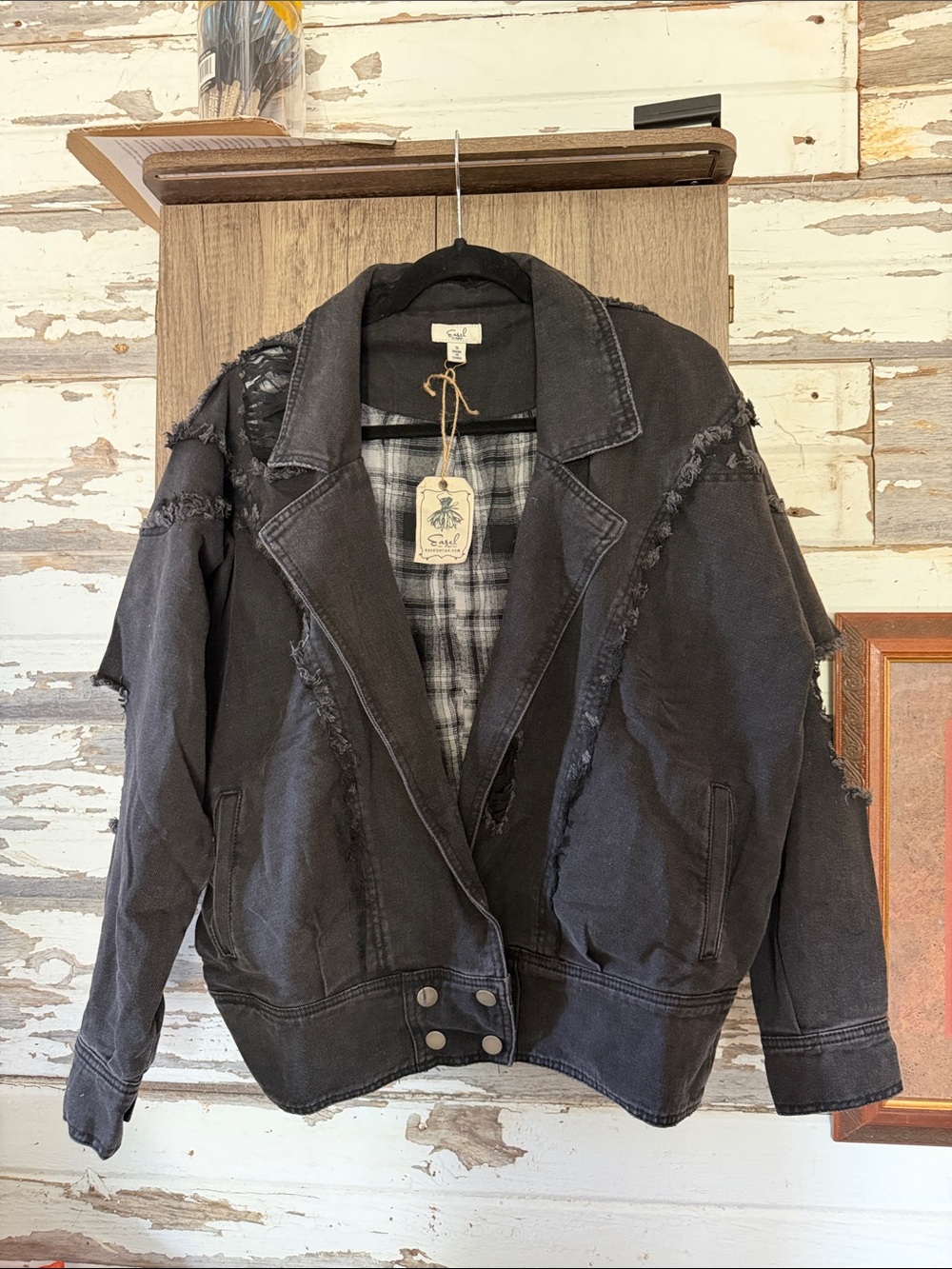 easel Black Distressed Denim Jacket with Plaid Lining